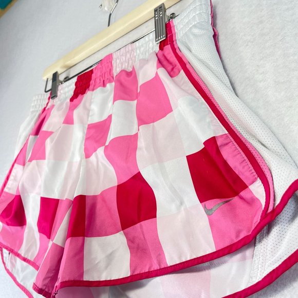 NIKE Womens M Dri Fit Checkered Pink White Performance Shorts Inner Drawstring - Picture 2 of 8